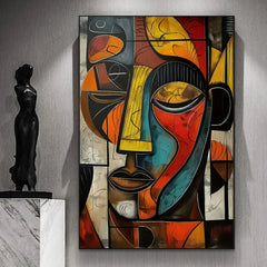 Yellow Brown Picasso Wall Art Canvas Poster, Modern Abstract African Tribal Mask Canvas Painting, Wall Art Decor for Livingroom