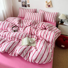 3pcs Simple Pink Striped Duvet Cover Set with 2 Pillowcases Soft Washed Cotton Bedding Set For Girls 150x200cm Bedroom Decor