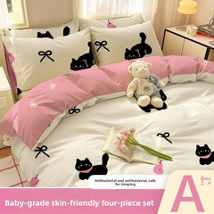 Washed Cotton Bedding Set Single Bed Three Piece Set Student Dormitory Pure Color Four Piece Set Bed Sheet Duvet Cover Quilt