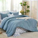 Queen Comforter Set, 8 Pieces Ruffle Blue Bed in a Bag Queen, Farmhouse Bedding Set Queen Size with Ruffle Comforter, Ruffle Flo