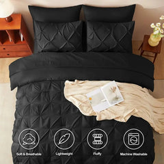 Queen Comforter Set Black, 7 Pieces Pintuck Bed in A Bag, Premium Black Comforter Queen Size, Pinch Pleat Bedding Sets with Comf