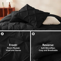 Queen Comforter Set Black, 7 Pieces Pintuck Bed in A Bag, Premium Black Comforter Queen Size, Pinch Pleat Bedding Sets with Comf