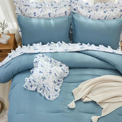 Queen Comforter Set, 8 Pieces Ruffle Blue Bed in a Bag Queen, Farmhouse Bedding Set Queen Size with Ruffle Comforter, Ruffle Flo