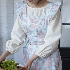 Long Print Water-resistant Cotton Ruffled Kitchen Apron with Pockets