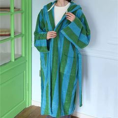 Retro Striped Female Hooded Bathrobe Terry Towel Long Robe Sleepwear