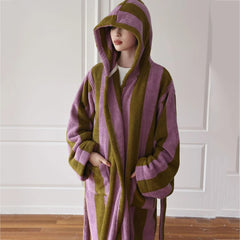 Retro Striped Female Hooded Bathrobe Terry Towel Long Robe Sleepwear