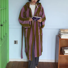 Retro Striped Female Hooded Bathrobe Terry Towel Long Robe Sleepwear