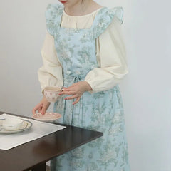 Long Print Water-resistant Cotton Ruffled Kitchen Apron with Pockets