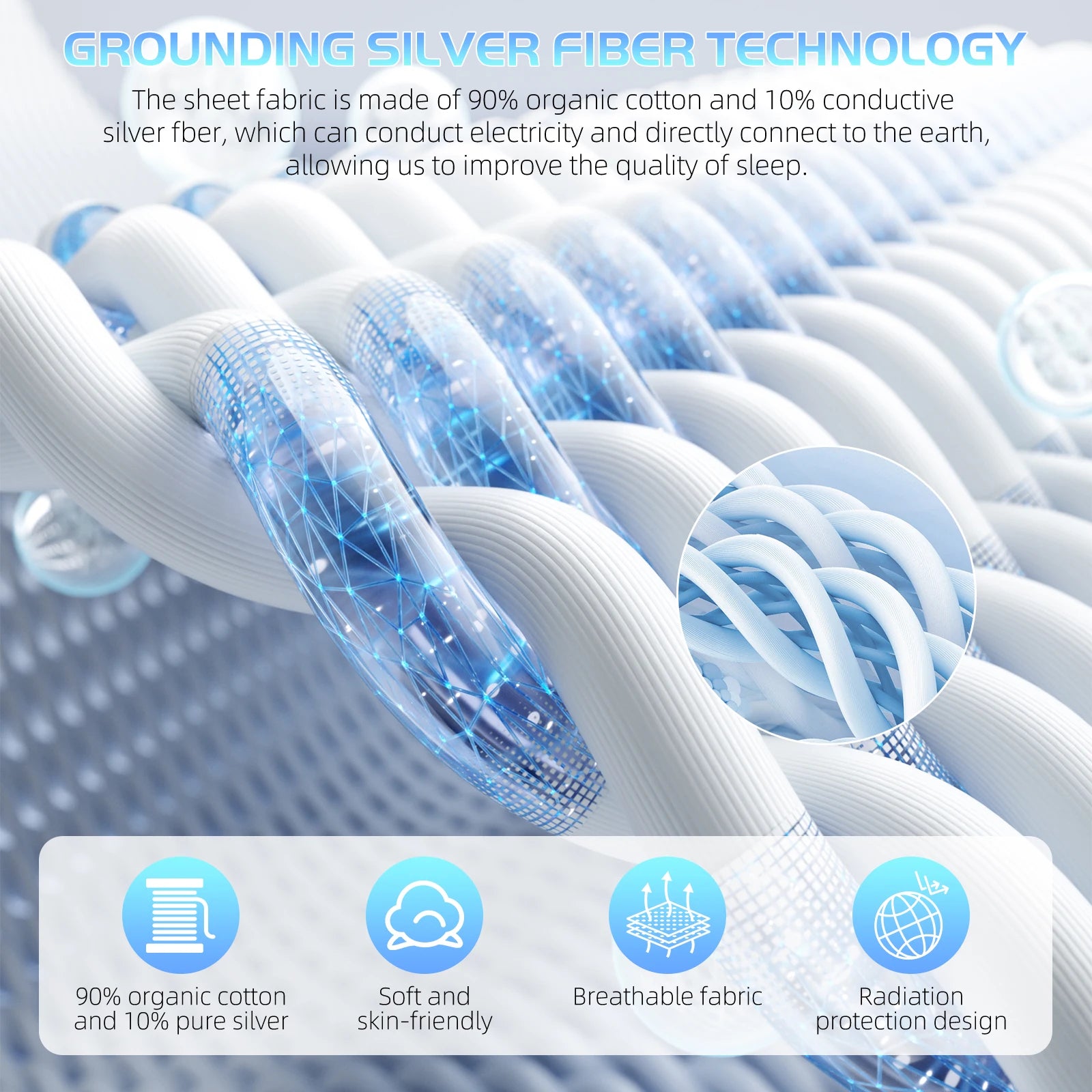 HLLBLL Grounding Sheet, 90% Organic Cotton+10% Pure Silver Organic Fitted Grounded Sheet for Improved Sleep