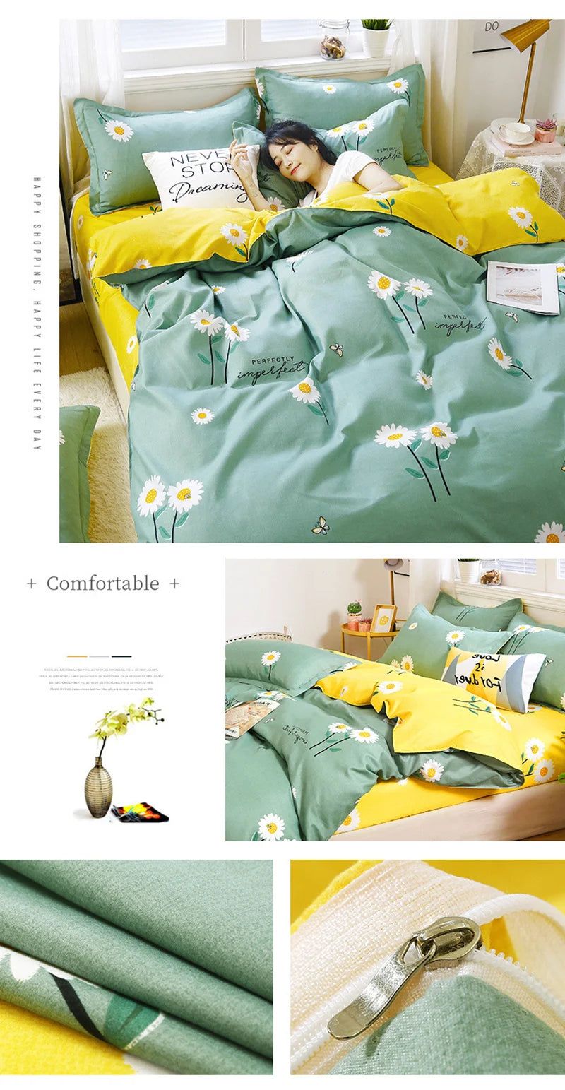 Daisy Printed King Size Duvet Cover Set with Sheets High Quality Washed Cotton Bedding Set Queen Home Bed Sets Comforter Covers