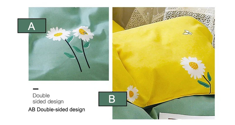 Daisy Printed King Size Duvet Cover Set with Sheets High Quality Washed Cotton Bedding Set Queen Home Bed Sets Comforter Covers