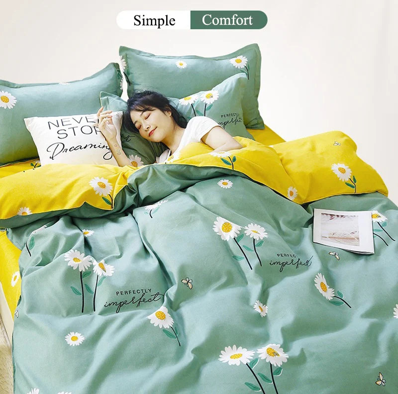 Daisy Printed King Size Duvet Cover Set with Sheets High Quality Washed Cotton Bedding Set Queen Home Bed Sets Comforter Covers