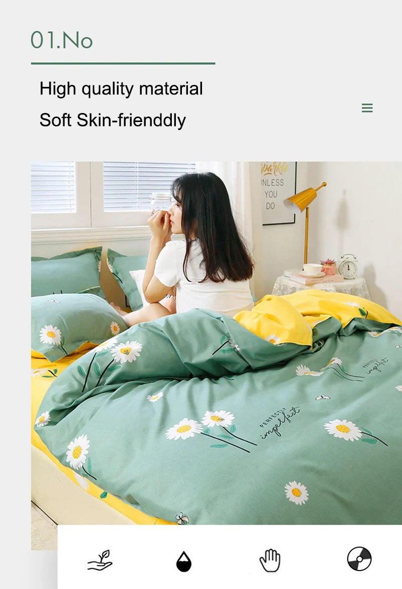 Daisy Printed King Size Duvet Cover Set with Sheets High Quality Washed Cotton Bedding Set Queen Home Bed Sets Comforter Covers