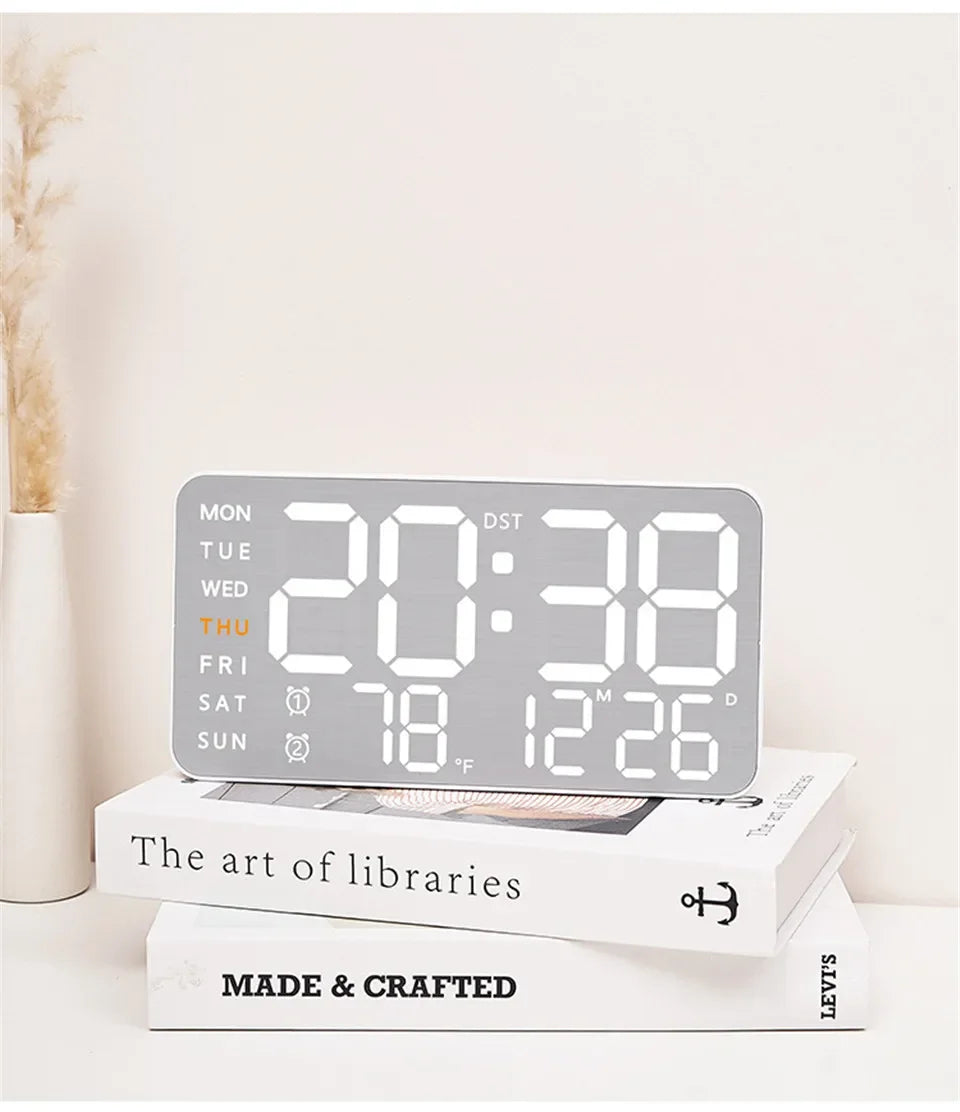 Mirror Brushed Finish Silent Wall Clock, Digital LED Display with Temperature Date Alarm, Modern Minimalist Decor for Bedroom