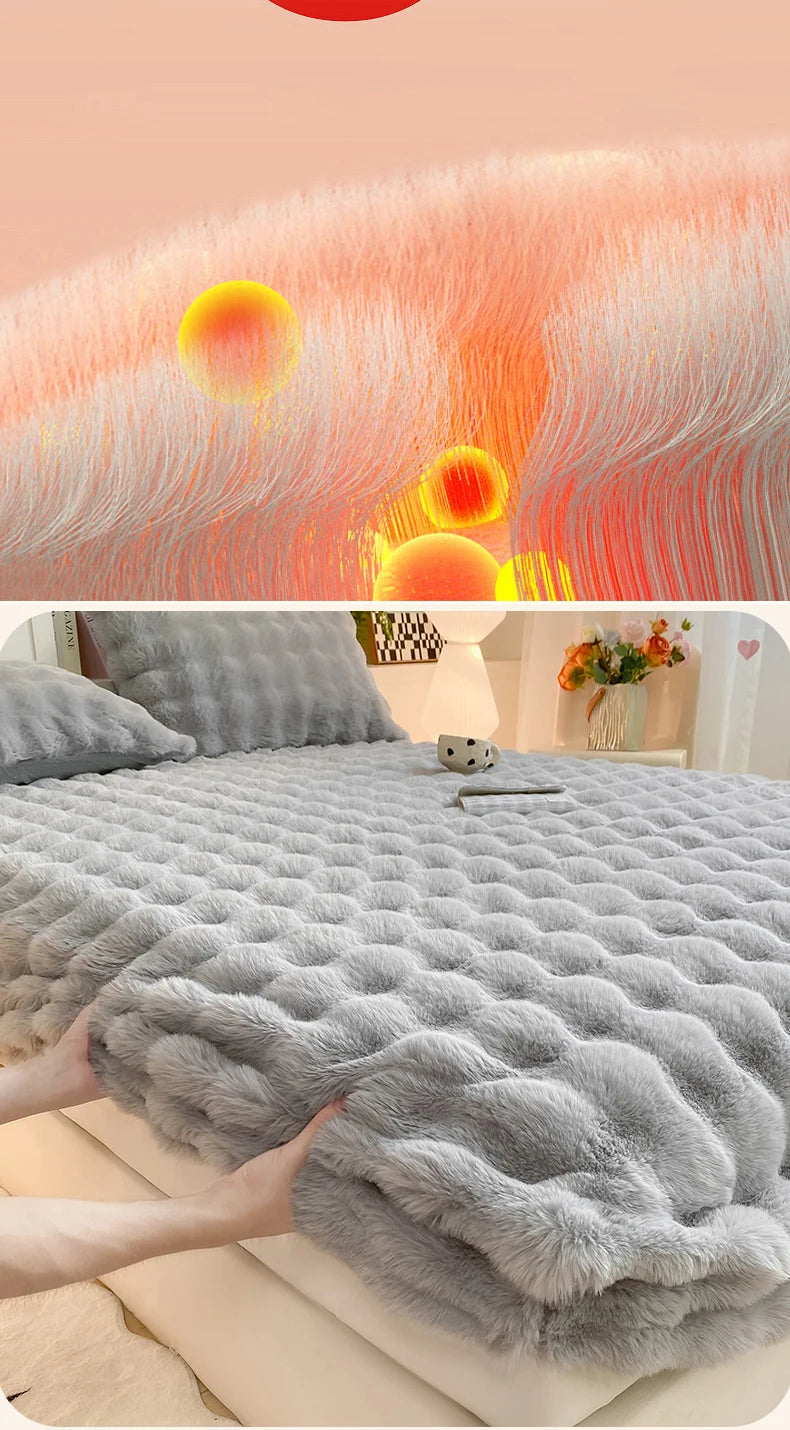 Fluffy Plush Fitted Bed Sheet for Winter Solid Color Rabbit Fleece Bed Sheets on Elastic Winter Warm Thicken Mattress Protector
