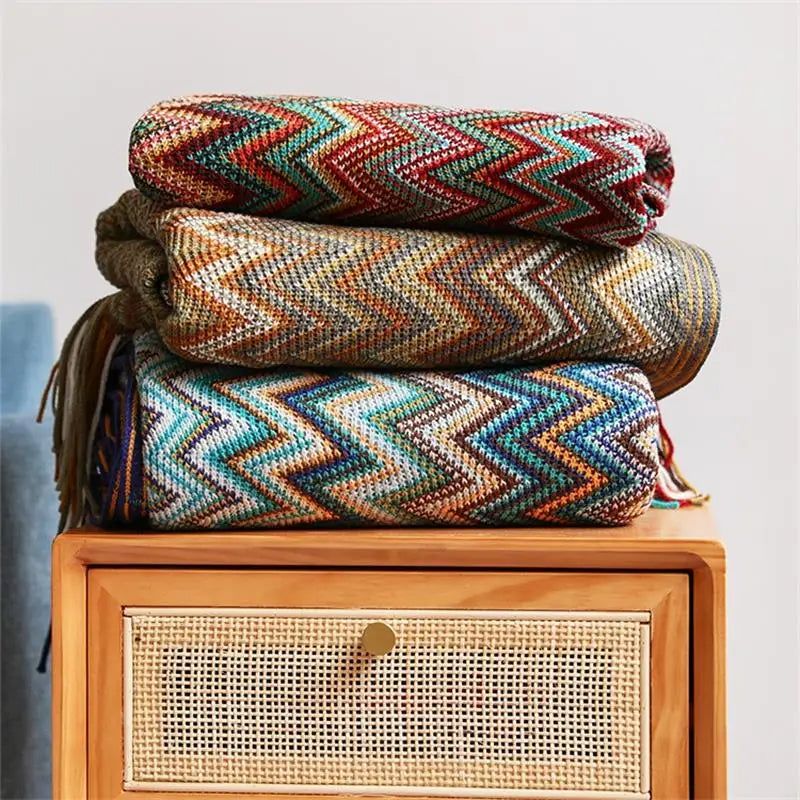 100% Acryl Hand Knitted Blanket with Tassel Summer Blanket Bed Sofa Travel Breathable Chic Bohemian Soft Comfortable Blanket