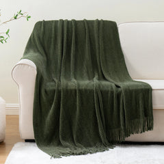 Battilo Chenille Knit Blankets with Tassels Green Plaid Throw Blanket for Bed Couch Decorative Sofa Blanket Bedroom Spring Decor