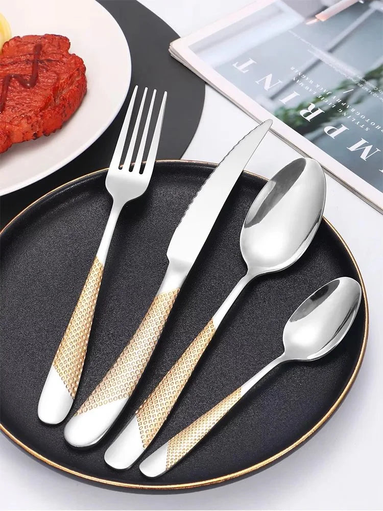 24pcs stainless steel tableware set, including knife, fork, spoon and coffee spoon gift box, dishwasher safe.