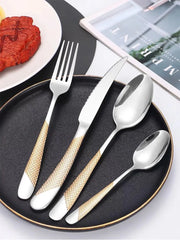 24pcs stainless steel tableware set, including knife, fork, spoon and coffee spoon gift box, dishwasher safe.