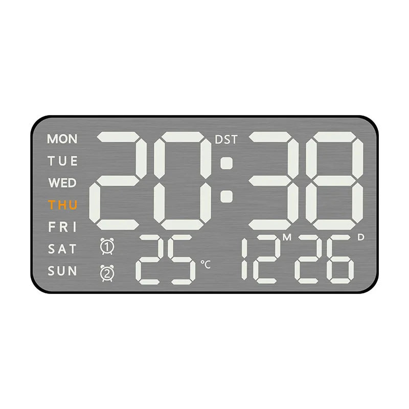 Mirror Brushed Finish Silent Wall Clock, Digital LED Display with Temperature Date Alarm, Modern Minimalist Decor for Bedroom