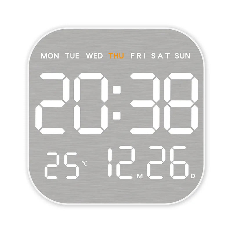 Mirror Brushed Finish Silent Wall Clock, Digital LED Display with Temperature Date Alarm, Modern Minimalist Decor for Bedroom