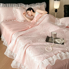 Cooling Summer Quilt Twin Queen Size 2026 Korean Lace Trim Silky Satin Lightweight Blanket for Hot Summer Nights Bedroom AC Room