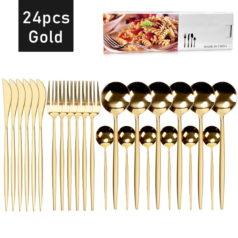24pcs Dinnerware Set Stainless Steel Tableware Set Knife Fork Spoon Flatware Set Cutlery Set Knife Fork Spoon Tea Spoon