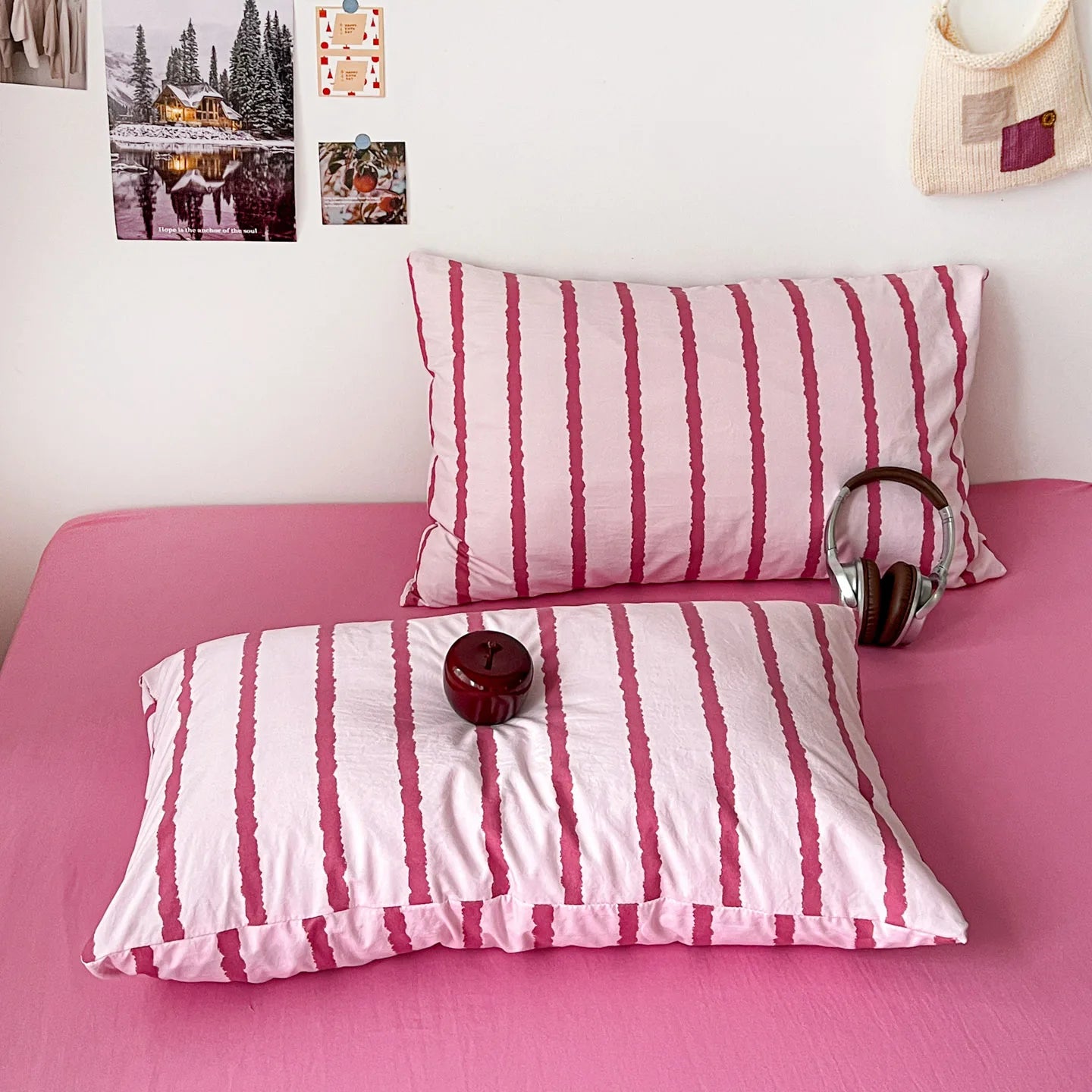 3pcs Simple Pink Striped Duvet Cover Set with 2 Pillowcases Soft Washed Cotton Bedding Set For Girls 150x200cm Bedroom Decor