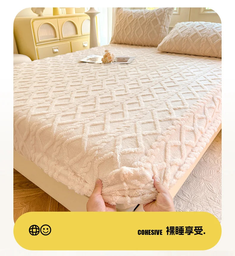 1pc Winter Warm Bed Sheet with Elastic Band Single/Queen/King Mattress Cover Thick Coral Fleece Fluffy Fitted Bed Sheets for Bed