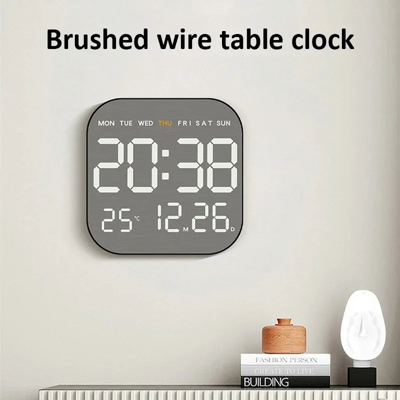 Mirror Brushed Finish Silent Wall Clock, Digital LED Display with Temperature Date Alarm, Modern Minimalist Decor for Bedroom