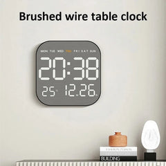 Mirror Brushed Finish Silent Wall Clock, Digital LED Display with Temperature Date Alarm, Modern Minimalist Decor for Bedroom
