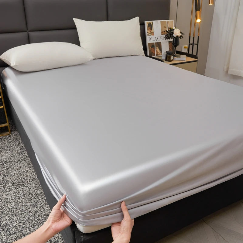 Waterproof Smooth Satin Fitted Sheet For Single Double Queen King Bed Silky Mattress Protector For Women Kids Family with Pet