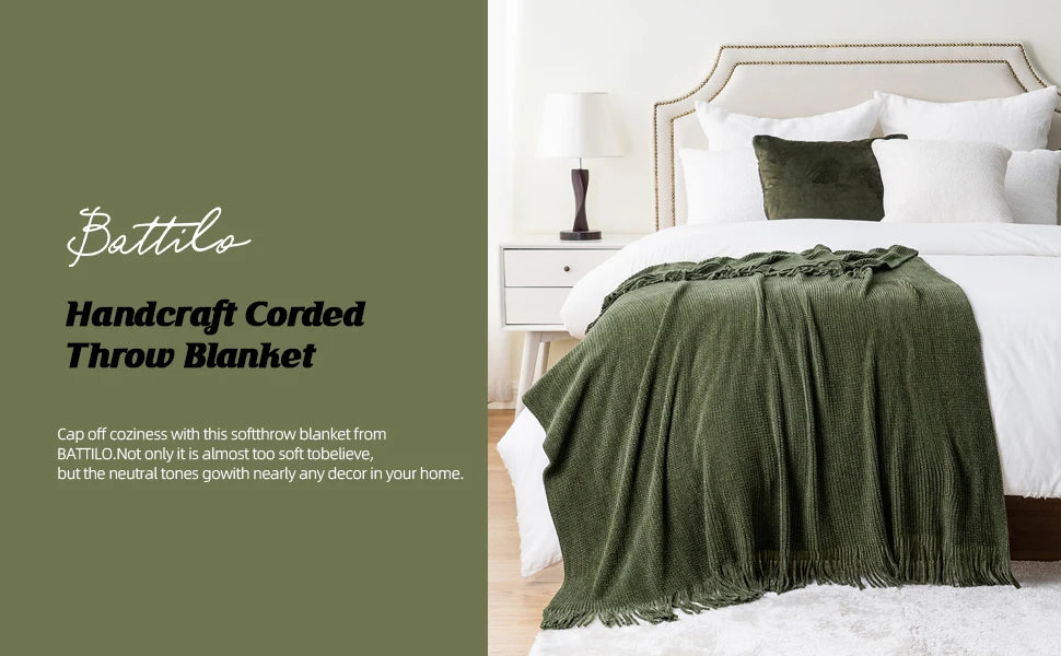 Battilo Chenille Knit Blankets with Tassels Green Plaid Throw Blanket for Bed Couch Decorative Sofa Blanket Bedroom Spring Decor