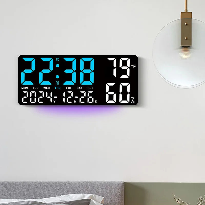 Large Digital Wall Clock with 7Colors Mood Light 2 Alarm TEMP Humidity Date Table Clock 12/24H Timing Countdown LED Alarm Clock