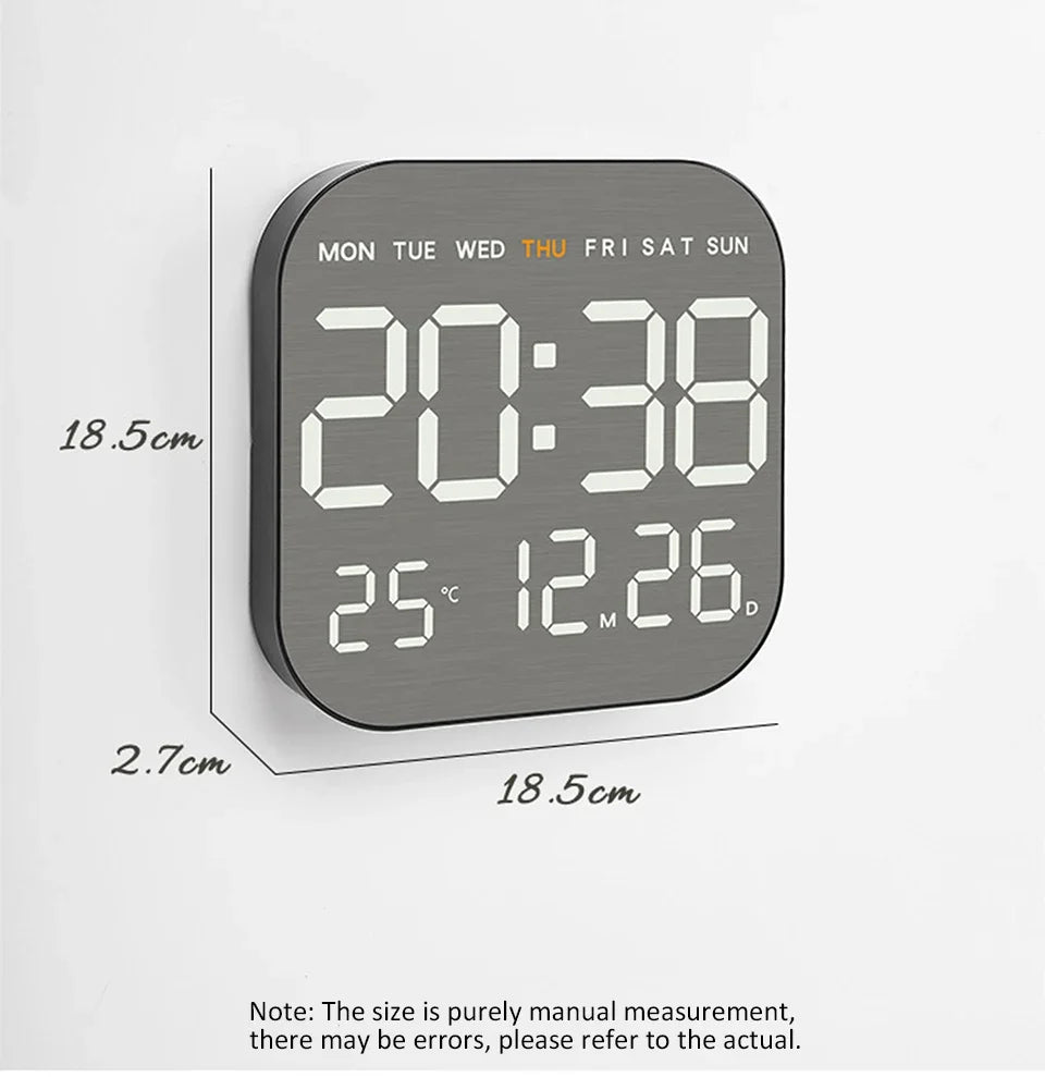 Mirror Brushed Finish Silent Wall Clock, Digital LED Display with Temperature Date Alarm, Modern Minimalist Decor for Bedroom