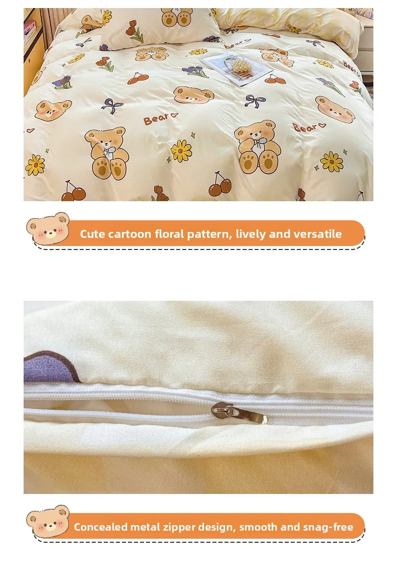 Washed Cotton Bedding Set Single Bed Three Piece Set Student Dormitory Pure Color Four Piece Set Bed Sheet Duvet Cover Quilt