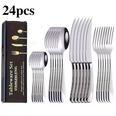 24pcs stainless steel tableware set, including knife, fork, spoon and coffee spoon gift box, dishwasher safe.