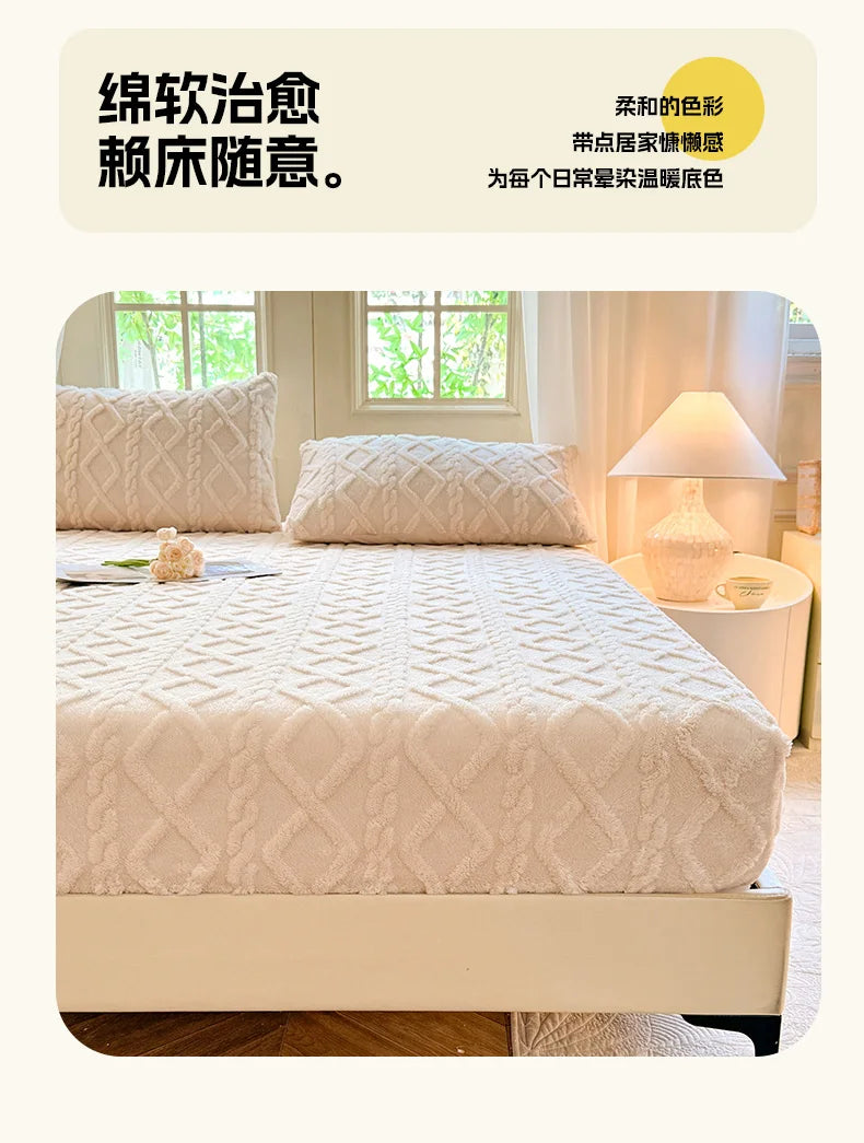 1pc Winter Warm Bed Sheet with Elastic Band Single/Queen/King Mattress Cover Thick Coral Fleece Fluffy Fitted Bed Sheets for Bed