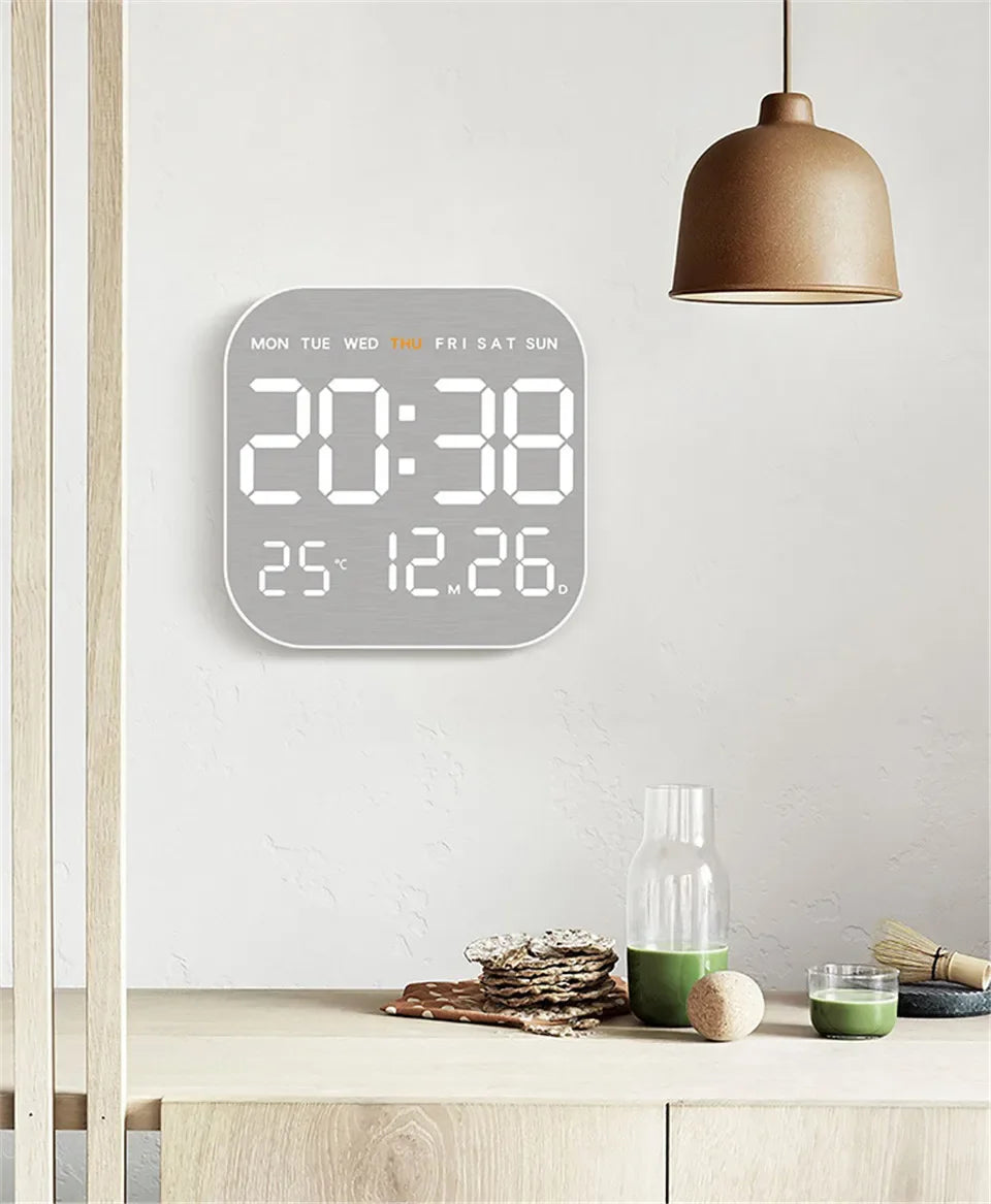 Mirror Brushed Finish Silent Wall Clock, Digital LED Display with Temperature Date Alarm, Modern Minimalist Decor for Bedroom
