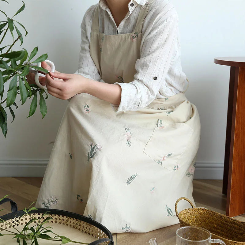 Kitchen Garden Embroidered Waterproof Cotton Dress Apron Women'S Cross Back Long Pleated Apron, Used for Cooking Work