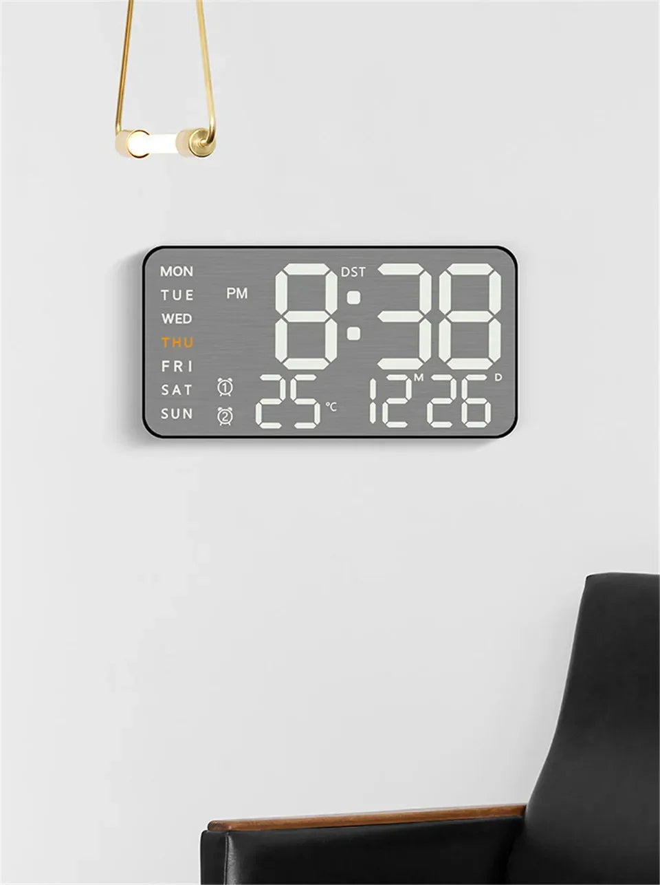 Mirror Brushed Finish Silent Wall Clock, Digital LED Display with Temperature Date Alarm, Modern Minimalist Decor for Bedroom