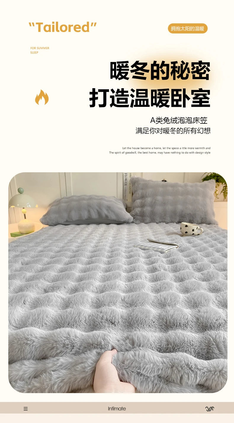 Fluffy Plush Fitted Bed Sheet for Winter Solid Color Rabbit Fleece Bed Sheets on Elastic Winter Warm Thicken Mattress Protector