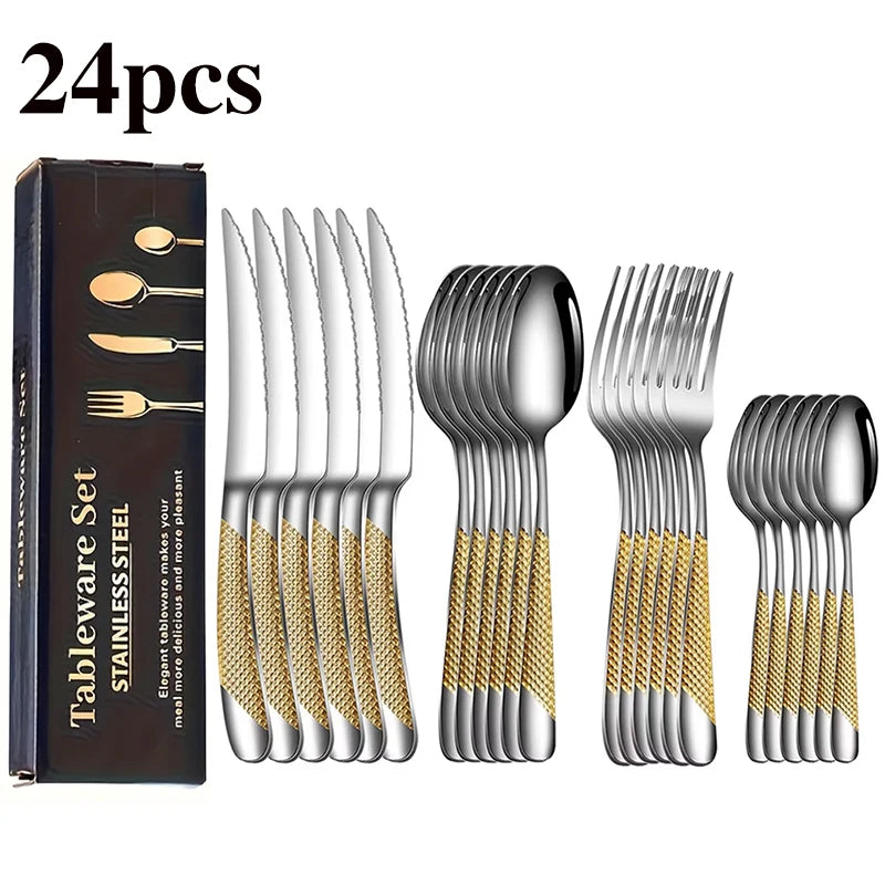 24pcs stainless steel tableware set, including knife, fork, spoon and coffee spoon gift box, dishwasher safe.