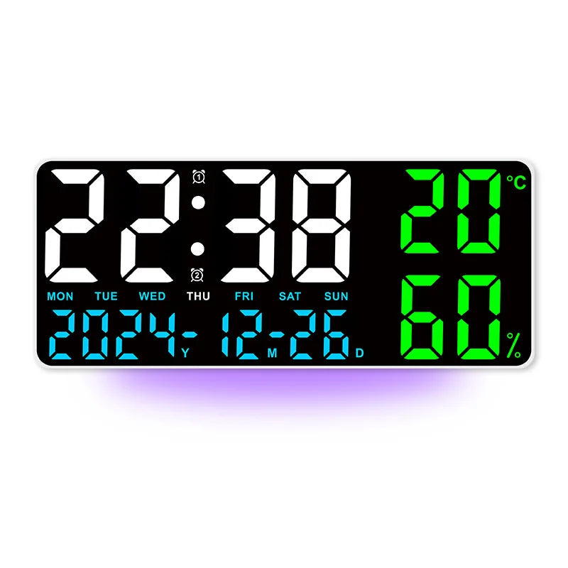 Large Digital Wall Clock with 7Colors Mood Light 2 Alarm TEMP Humidity Date Table Clock 12/24H Timing Countdown LED Alarm Clock