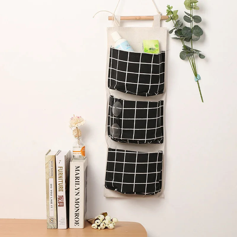 1PC Three Pockets Hanging Wall Storage Bag Household Bedroom Living Room Kitchen Cotton Linen Storage Bag