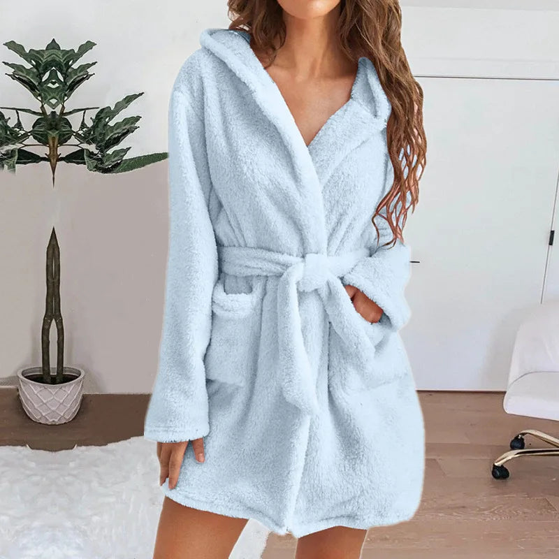 Autumn Winter Women Sexy Bath Robe Fluffy Plush Pyjamas Ladies Hooded Dressing Solid Color Gown Warm Bathrobe Female Loungewear