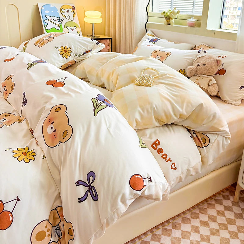 Washed Cotton Bedding Set Single Bed Three Piece Set Student Dormitory Pure Color Four Piece Set Bed Sheet Duvet Cover Quilt