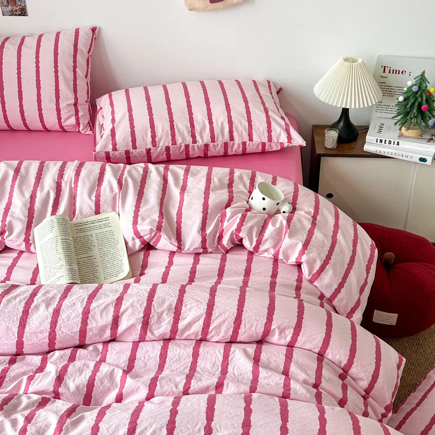 3pcs Simple Pink Striped Duvet Cover Set with 2 Pillowcases Soft Washed Cotton Bedding Set For Girls 150x200cm Bedroom Decor