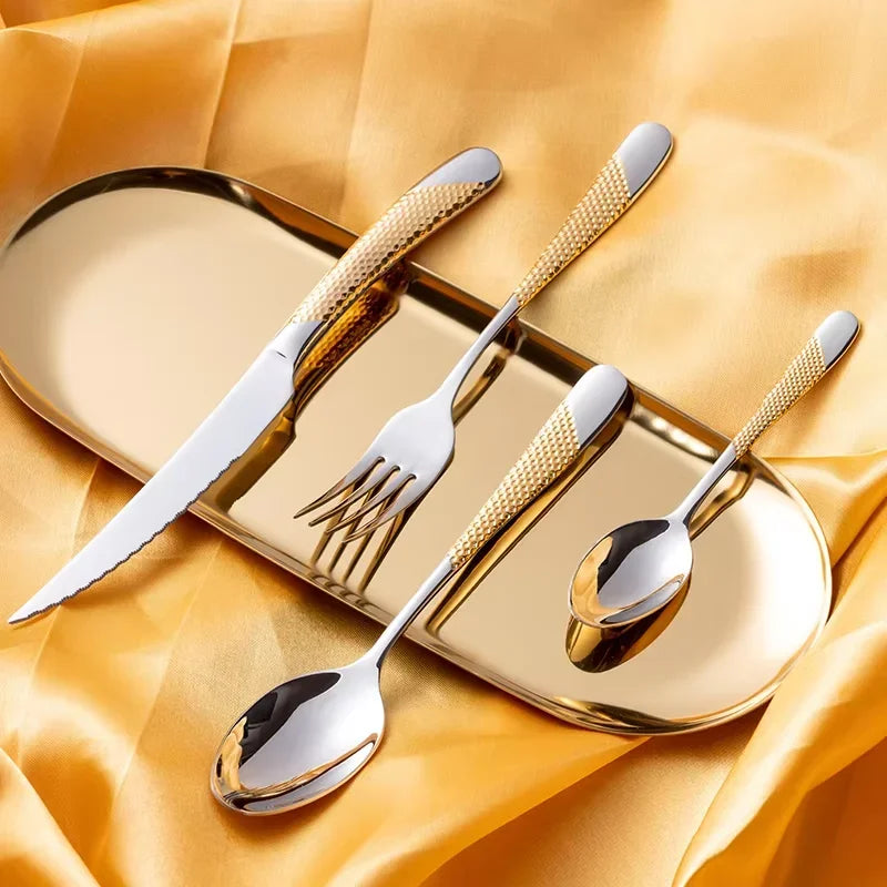 24pcs stainless steel tableware set, including knife, fork, spoon and coffee spoon gift box, dishwasher safe.