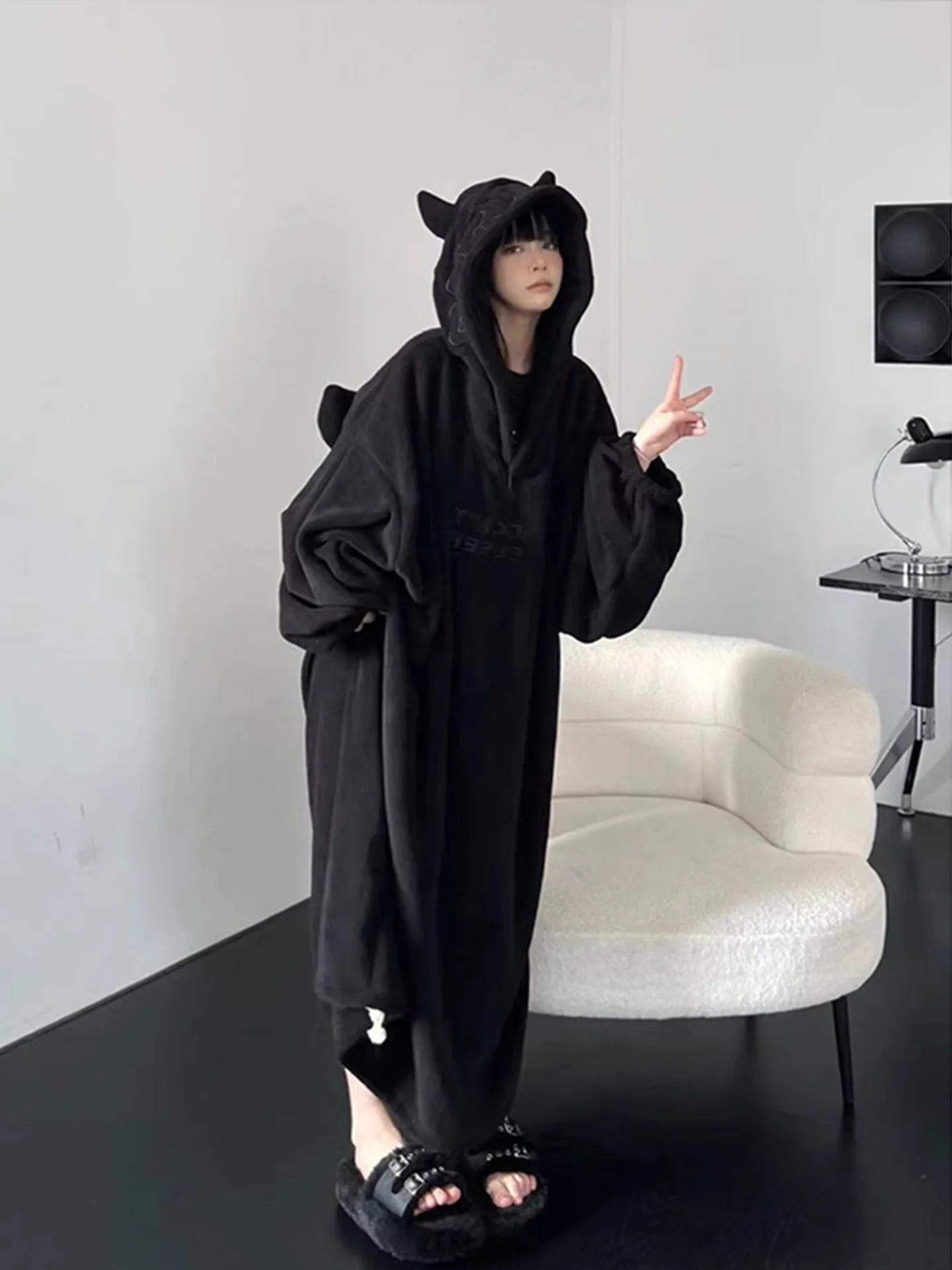Thickened padded pajamas Solid color Homewear Loose oversized hooded Dresses Imp couple robe Fall and winter one-piece Sleepwear